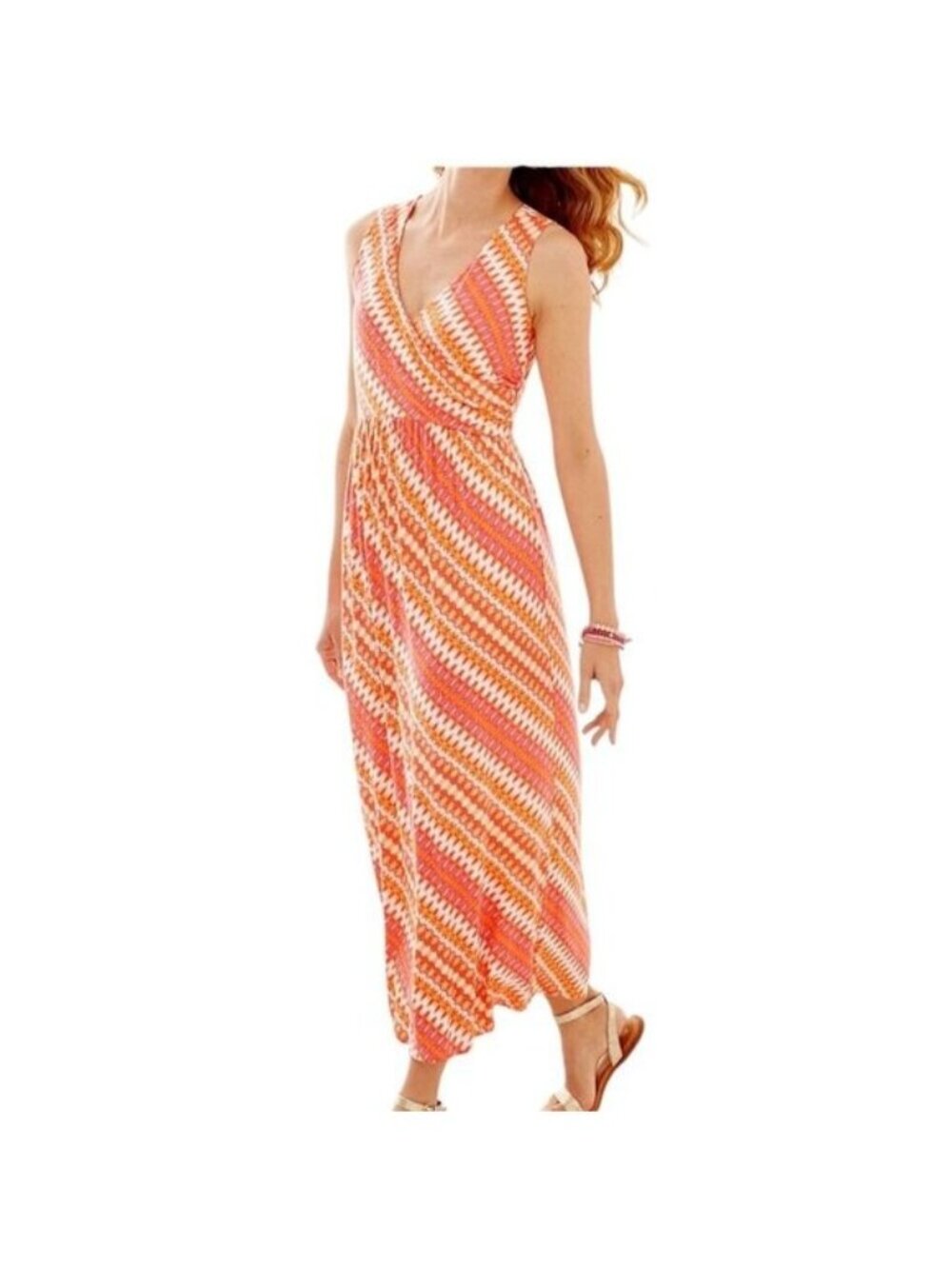 J.Jill Sleeveless V-Neck Maxi Dress With Chevron Print In Orange & Pink, Size M